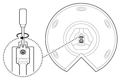 An illustration of the Ethernet cable or USB-C cable being plugged in, with an example of the security screw being tightened for a USB-C cable.