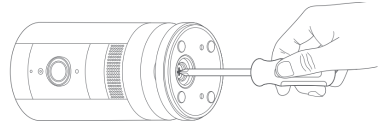 Illustration of unscrewing the base of the Outdoor Cam.