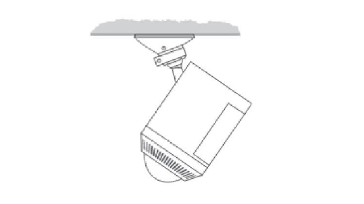 Illustration of a Spotlight Cam mounted on an eave or overhang to show ball joint pointing up.