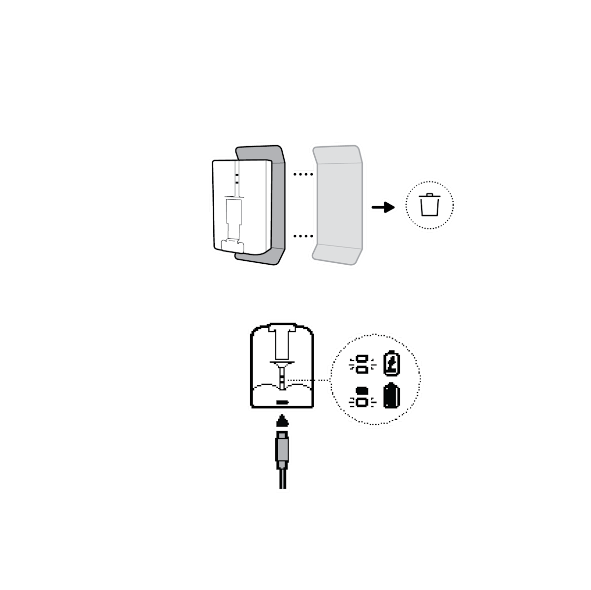 Illustration of discarding the battery insulator and fully charging the battery