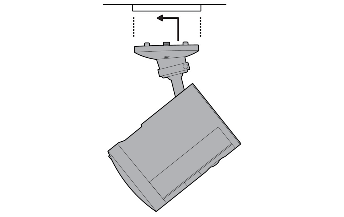 Dotted line from mount to ceiling with L shaped arrow pointing left to slide and click.