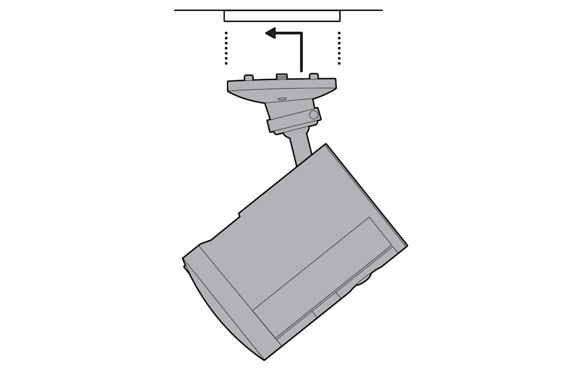 Dotted line from mount to ceiling with L shaped arrow pointing left to slide and click.