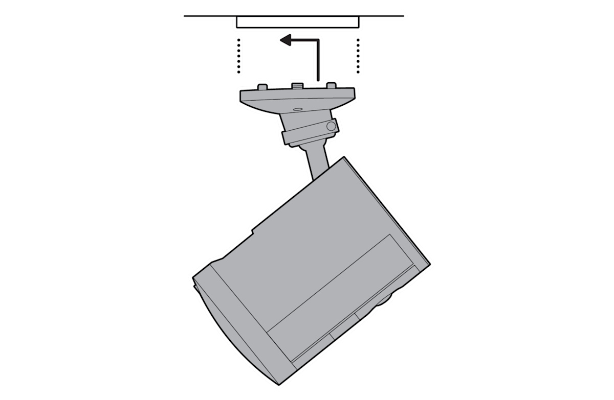 Dotted line from mount to ceiling with L shaped arrow pointing left to slide and click.