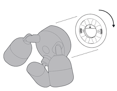 Illustration showing to slot the camera to the mounting plate and then turn clockwise to lock into place.