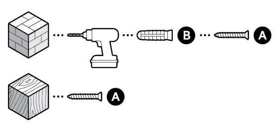 One cube showing a brick surface with a drill, screw, and anchor and one cube with a wood surface showing a screw both with dots leading to the surface.