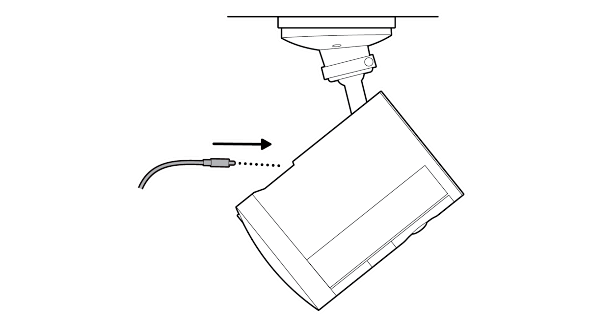 Dotted line from adaptor cable with an arrow pointing to the back of the Spotlight Cam (2nd Gen)