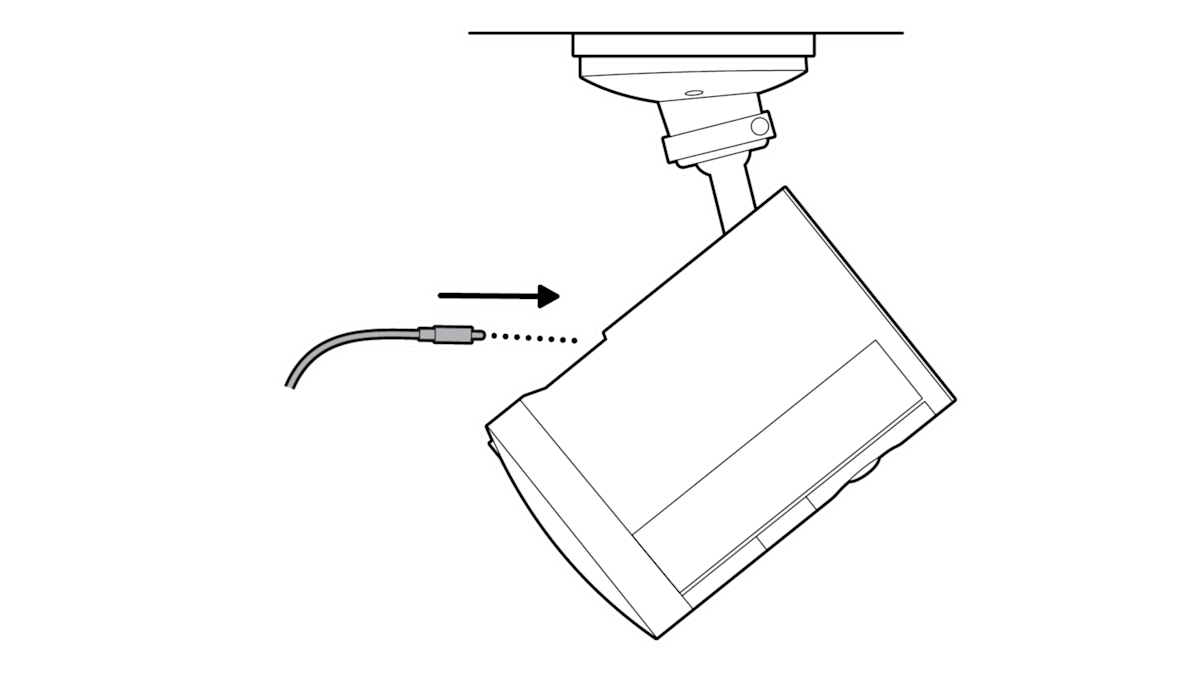 Dotted line from adaptor cable with an arrow pointing to the back of the Spotlight Cam (2nd Gen)