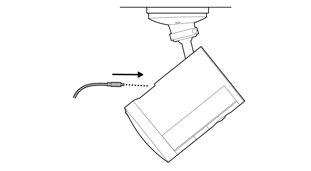 Dotted line from adaptor cable with an arrow pointing to the back of the Spotlight Cam (2nd Gen)
