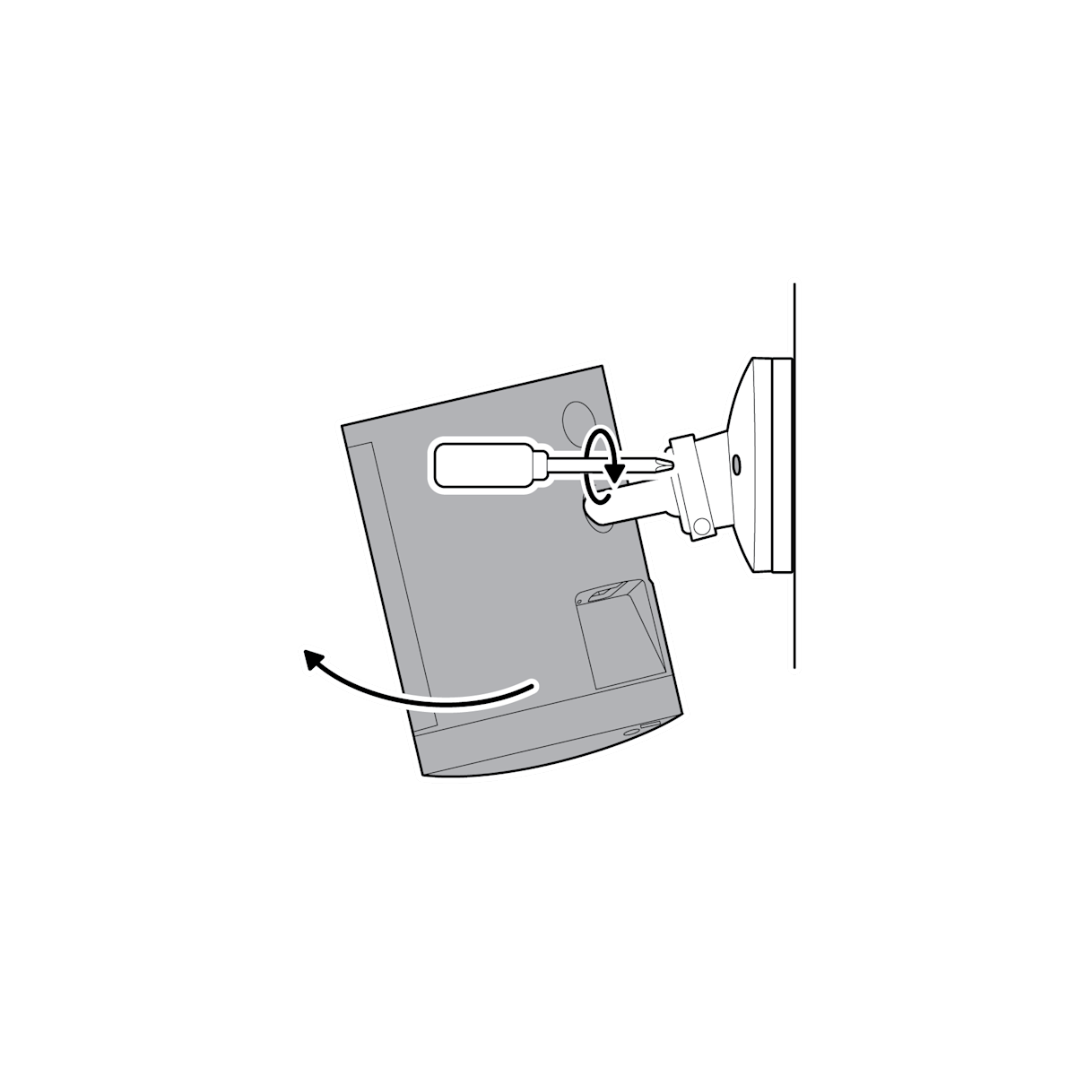 Screwdriver and arrow turning to rotate camera and tighten screw