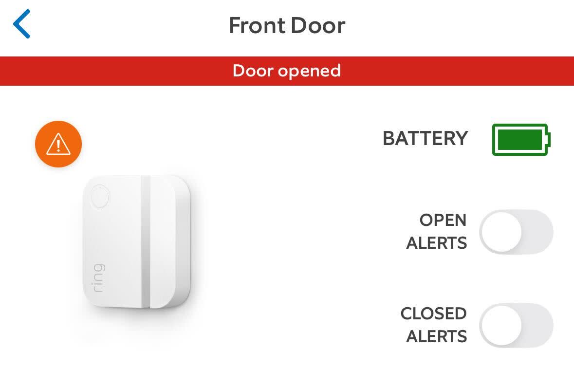 Illustration showing what a Tampered status of a Ring Alarm device will look like in the Ring app. 