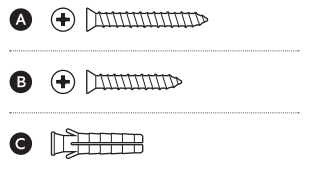 Illustration of a longer screw with a plus on the top (A), a shorter screw with a plus on the top (B), and an anchor (C) showing hardware included.