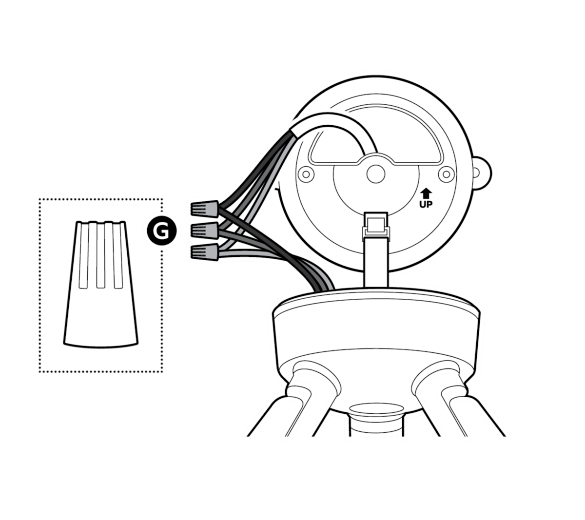 Illustration to show wires from the camera exposed with wire nuts attached.