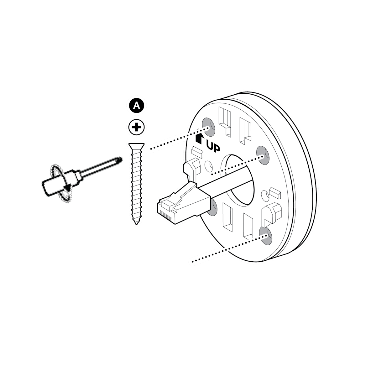 A mounting plate with an arrow up, a screwdriver with an arrow circling clockwise pointing toward a dotted line leading to a screw hole, and a screw with a plus (A).