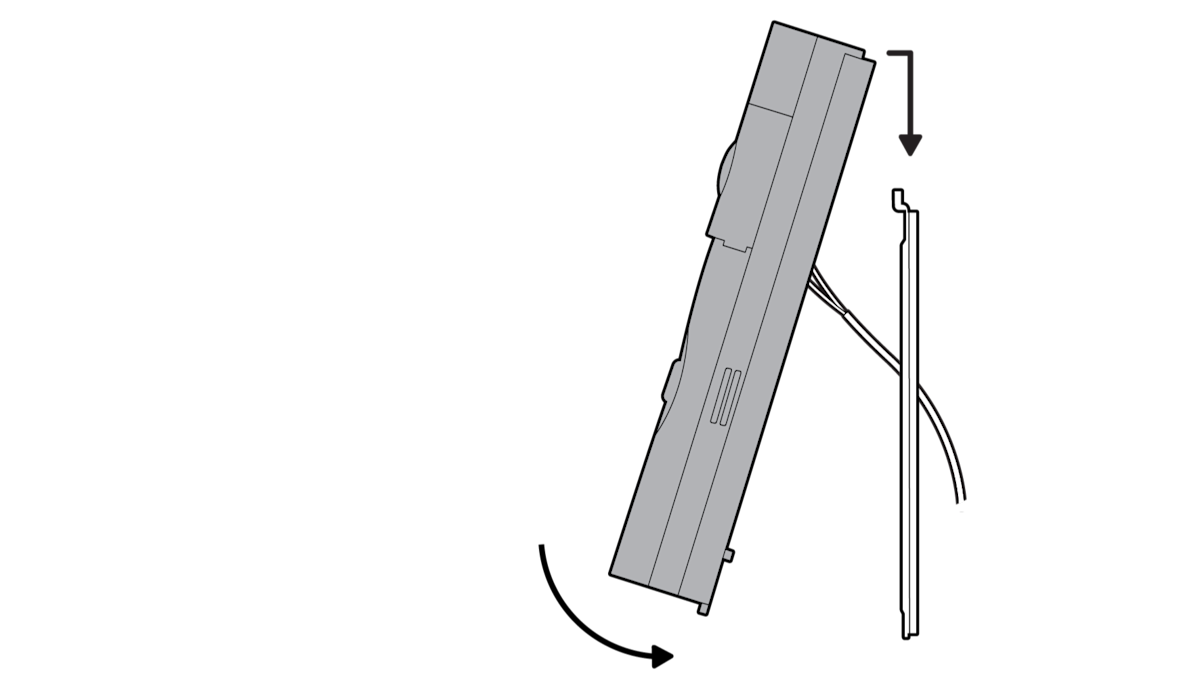 Diagram showing curved arrows indicating to hook the device to secure it to the mount