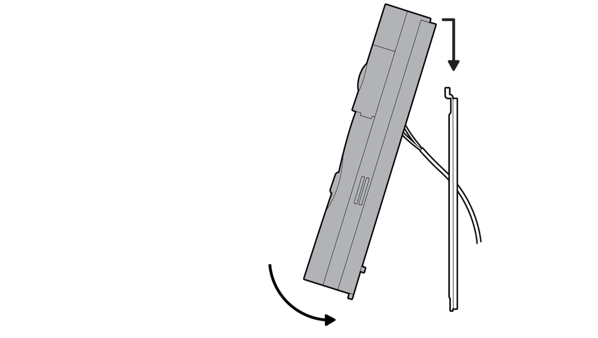 Diagram showing curved arrows indicating to hook the device to secure it to the mount