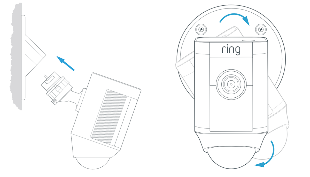 Spotlight Cam showing: Side view with an arrow pointing up to the mount and the front of the camera with an arrow circling right, showing twisting the camera into place.