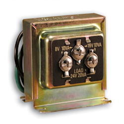 Gold-plated electrical transformer with multiple voltage outputs.
