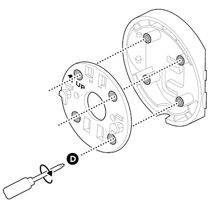 An illustration of the mounting plate being installed on the the corner mounting plate, using the included screws labeled D.
