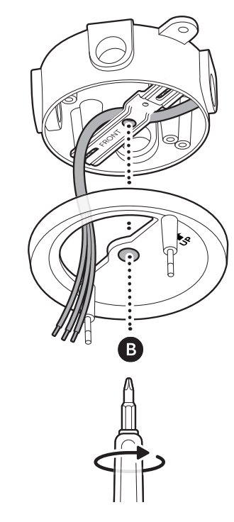 Illustration showing how to feed the wires over the metal mounting bracket, through the mounting plate, and attach with the included screw.