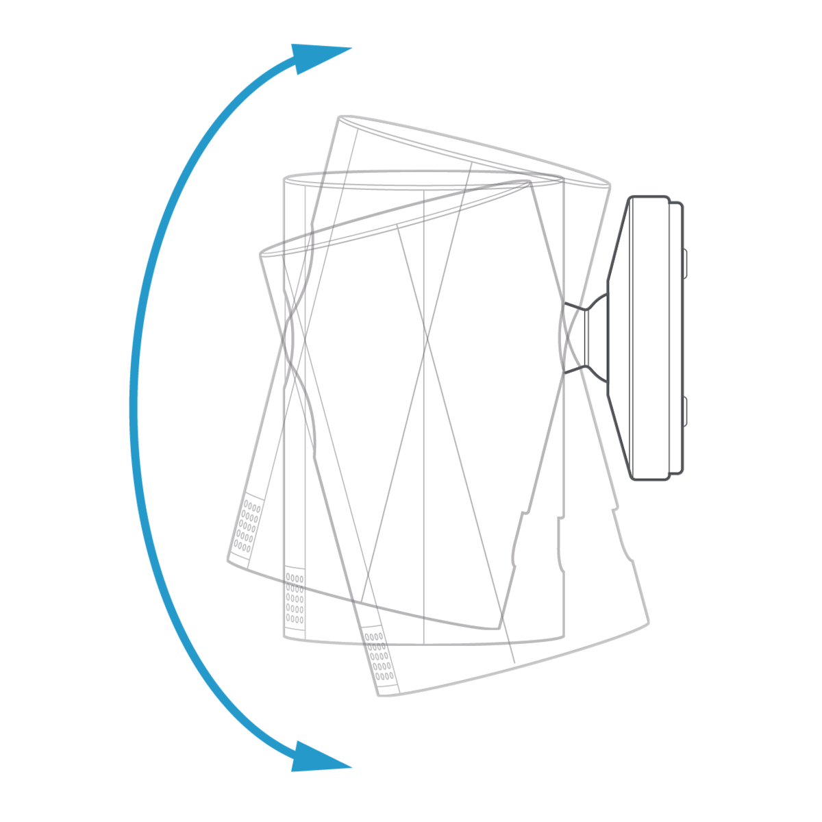 Illustration of Indoor Cam (1st Generation) with blue curved arrow demonstrating vertical tilt movement and adjustable viewing angles.