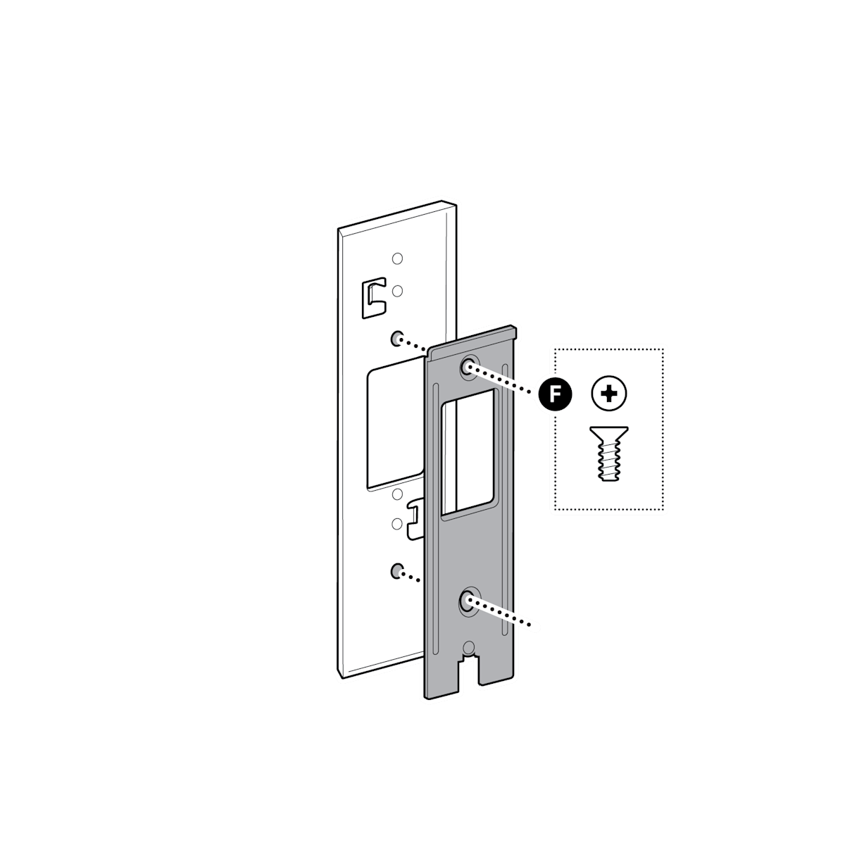 Illustration showing the F screw to secure the bracket 