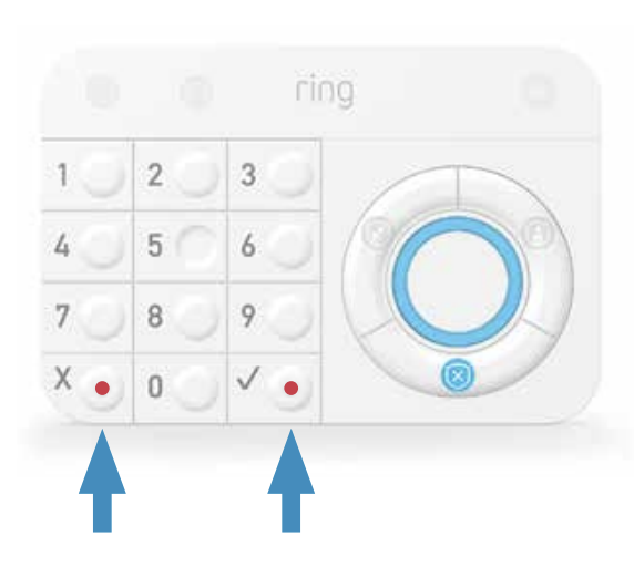 Ring Alarm keypad with blue arrows pointing to X and checkmark buttons.