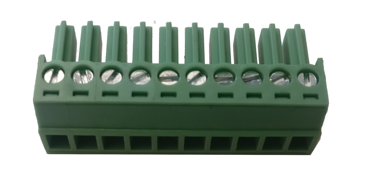 Green electrical terminal block with 10 screw connections