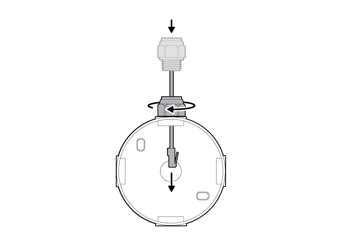 Illustration that shows the PoE to USB-C Adapter Ethernet cable being inserted through the knockout.