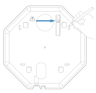 Illustration showing the location of the tamper arm on the Outdoor Siren. 