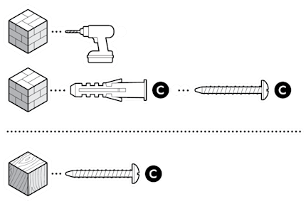 An illustration of included screws and wall anchors for ceiling installation on stucco, brick, or wood.