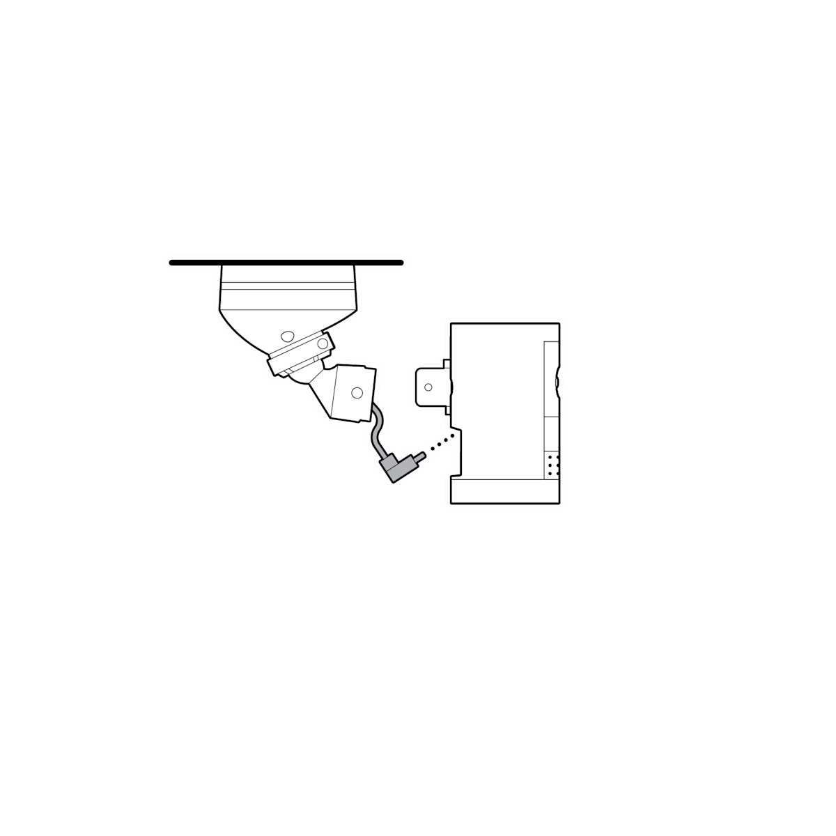 A camera mount installed on the ceiling, a USB cable coming down, and a dotted line showing plugging the adapter into the port on the back of the camera.