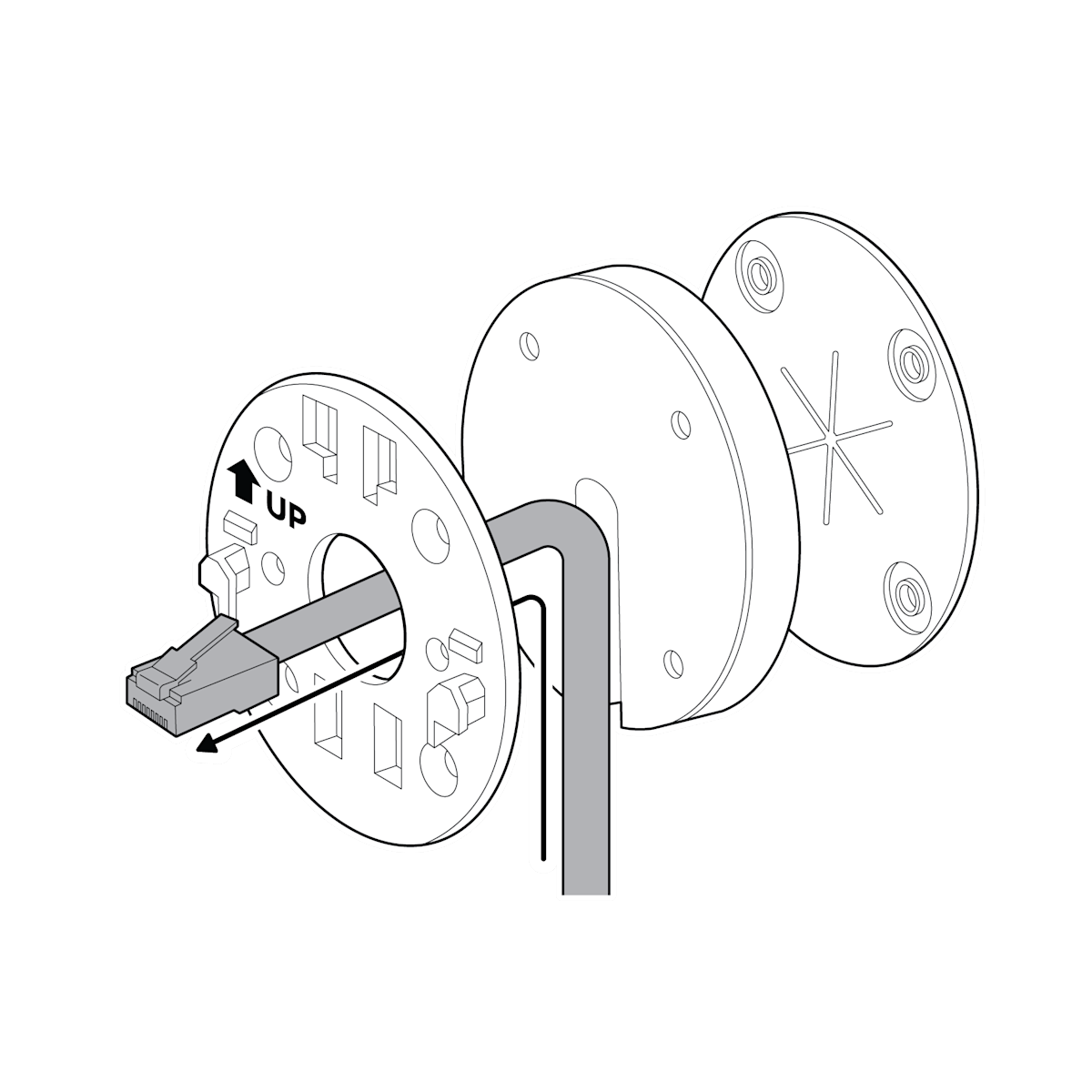 A camera mounting plate with an up arrow & Ethernet cable coming up from the side and through the plate center aligned with the grommet and spacer.