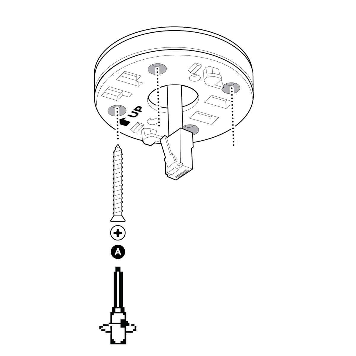 Mounting plate with a cable passing through and a spacer behind it. Clockwise-turning screwdriver, plus-marked screw (A), and dotted lines to holes.