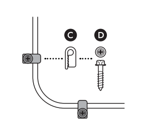 Illustration of a power cable on a wall and a dotted line from a screw (D) to a clip (C) showing securing the cable to the wall. 