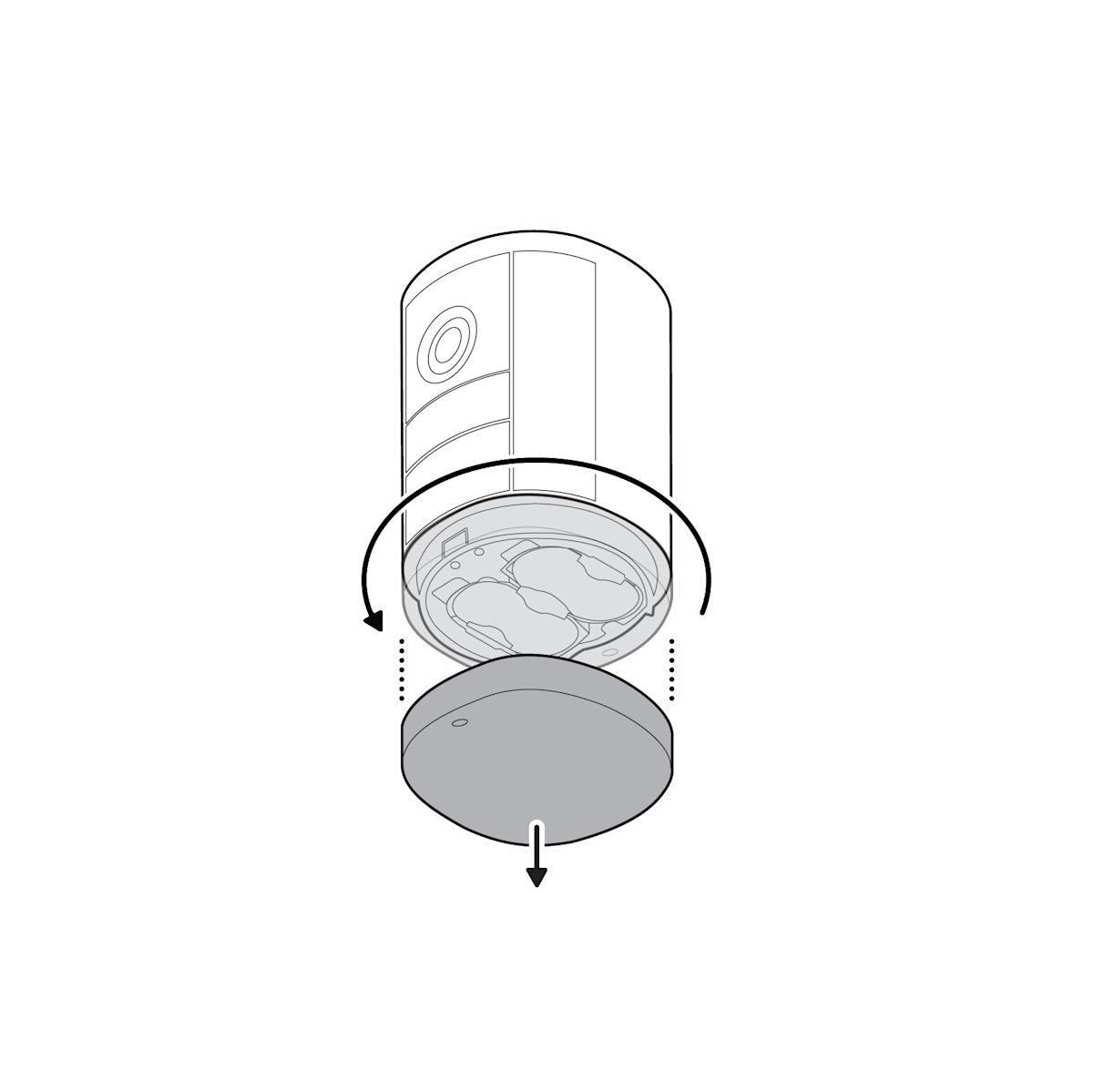 Illustration of spotlight cam (2nd gen) with an arrow circled around pointing left to remove the battery cover