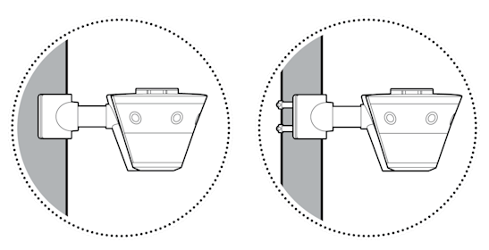An illustration of the camera mounted on a wall corner with the extended mount attached.