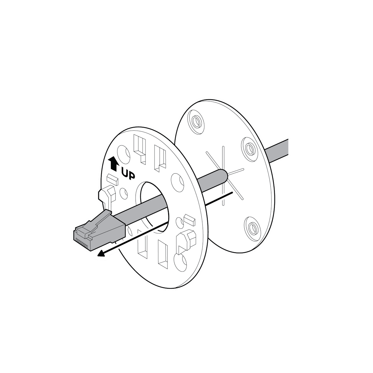 A camera mounting plate with an up arrow & Ethernet cable passing through the wall & the plate center (side view).
