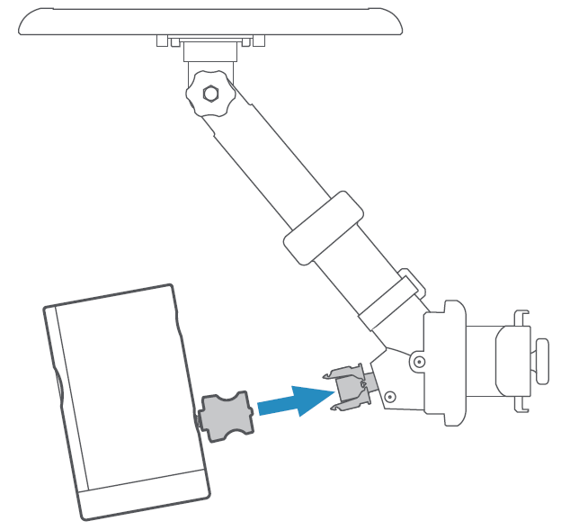 Illustration of a Stick Up Cam with an arrow pointing to the connector on the Pole Mount, showing how to insert it into the plug. 