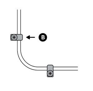 Illustration to show securing the power cable with the included cable clips, labelled B.