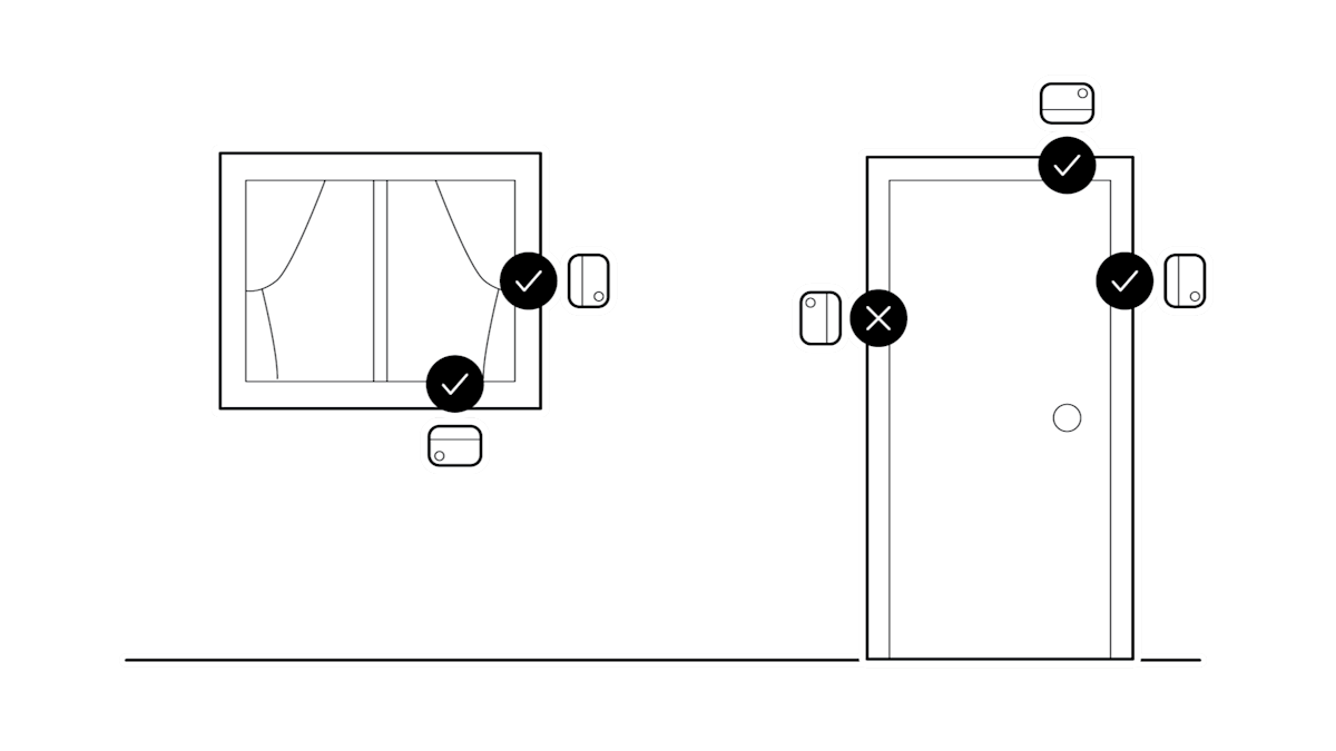 Illustration to show correct installation positions for Window & Door Sensor on windows and doors, on the frames but not on the hinge side of a door.