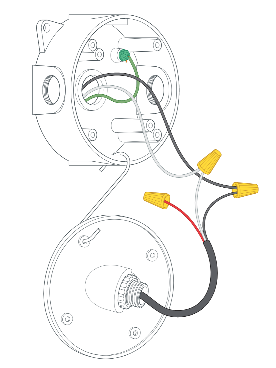 Diagram of connections between a junction box and fixture base, with black (hot), white (neutral), and green (ground) wires and an optional red wire.