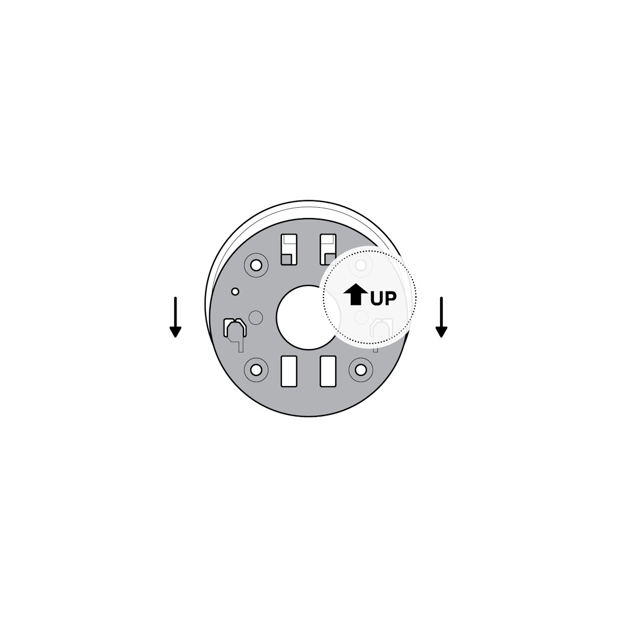 Mounting plate with arrows pointing down, opposite of the up arrow.