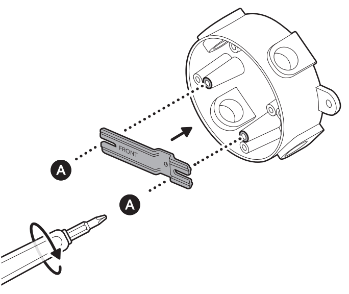 Illustration showing how to attach the mounting bar to the junction box.