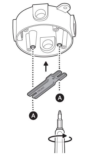 Illustration of how to align the mounting bracket with the junction box, ensuring FRONT faces outward, and attach using the included screws.