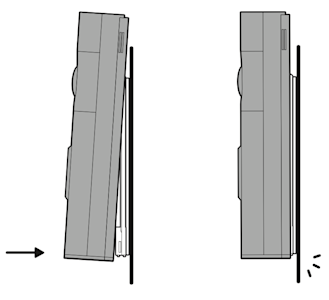 Illustration showing to secure the doorbell to the bracket by pressing until you hear a click. 