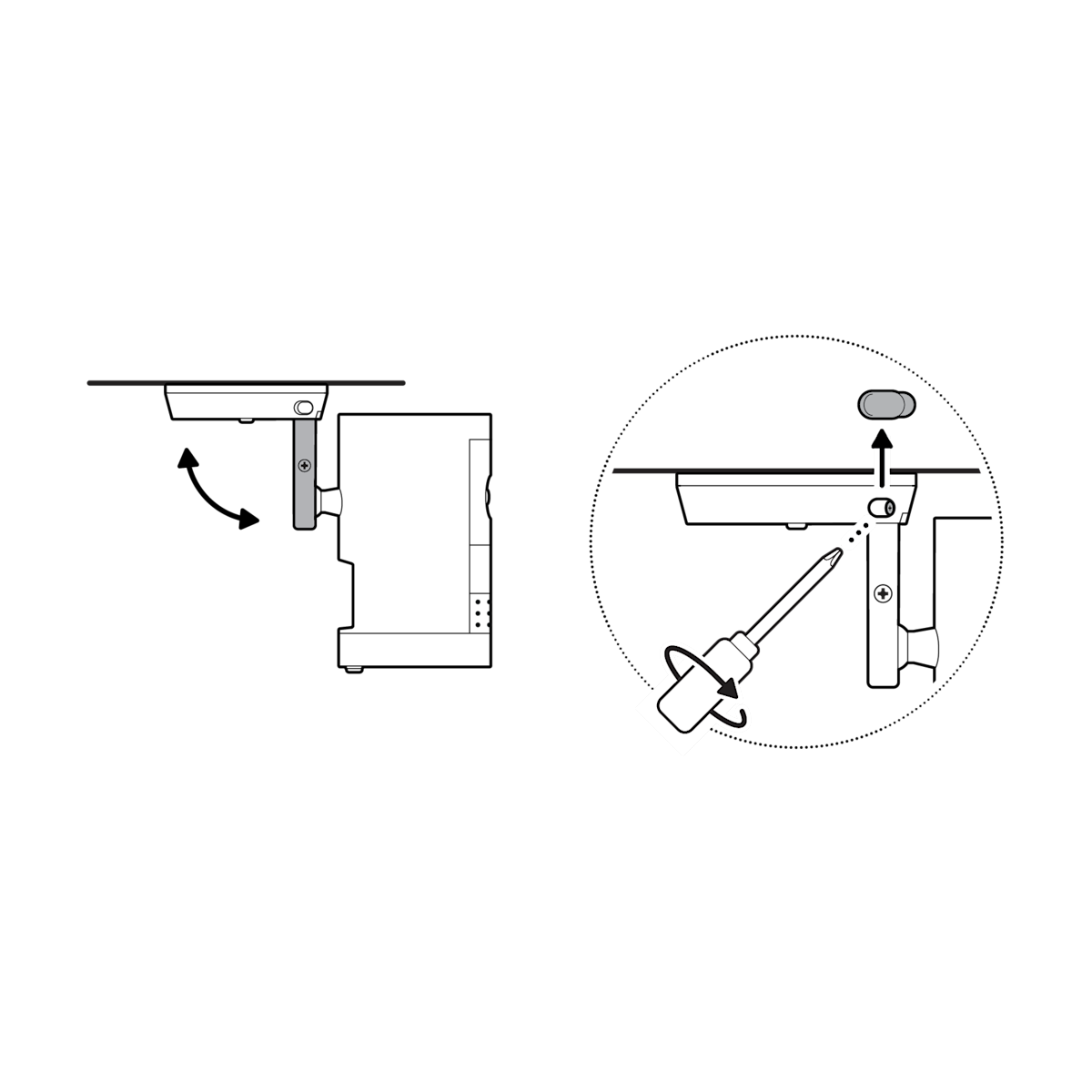 Illustration of the camera’s position range. After adjusting the position, the rubber cap has been removed to tighten the screw and then replaced.