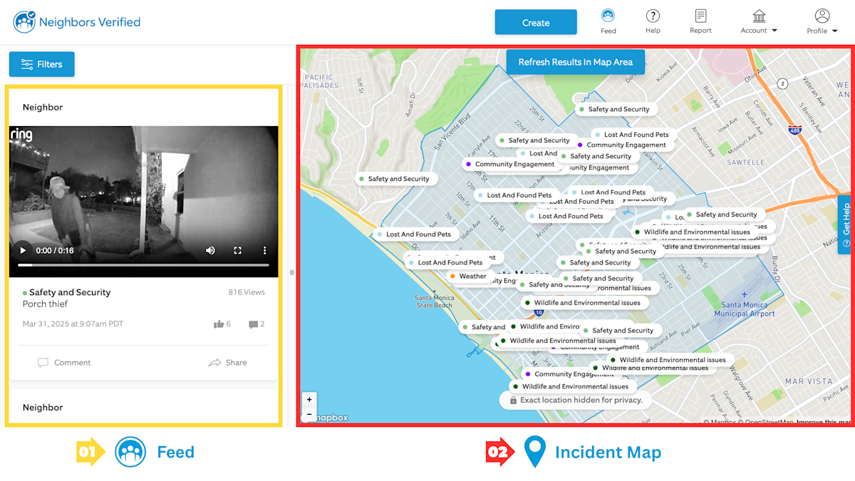 Image showing the home page with boxes highlight feed and map