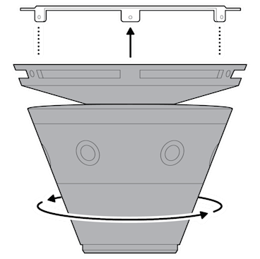 An illustration of the mounting cover being installed by rotating it clockwise.