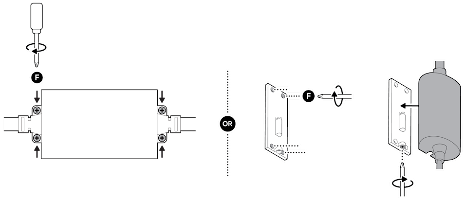 An illustration of the power adapter being secured to a wall or mounting plate using the included screws and anchors.