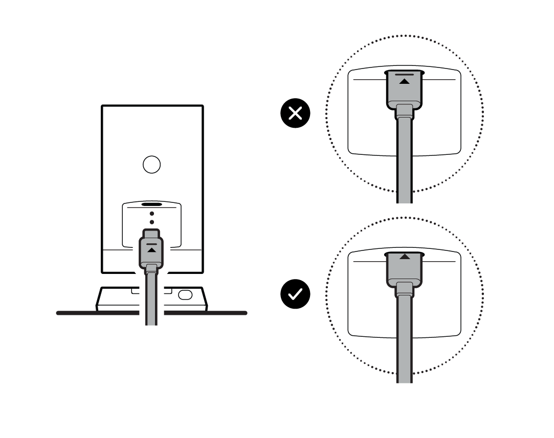 Illustration of the back of a camera with a USB-C cable properly inserted into the port and a check next to it, and an "X" next to one that is not inserted past the marker.